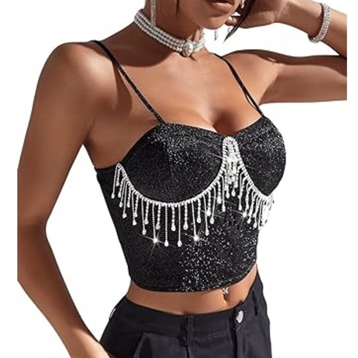 GARSIL - Crop Top Para Mujer Con Tirantes - Brillo Y Cristales En Flecos