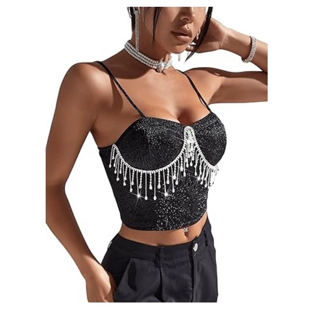 GARSIL - Crop Top Para Mujer Con Tirantes - Brillo Y Cristales En Flecos