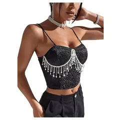 GARSIL - Crop Top Para Mujer Con Tirantes - Brillo Y Cristales En Flecos