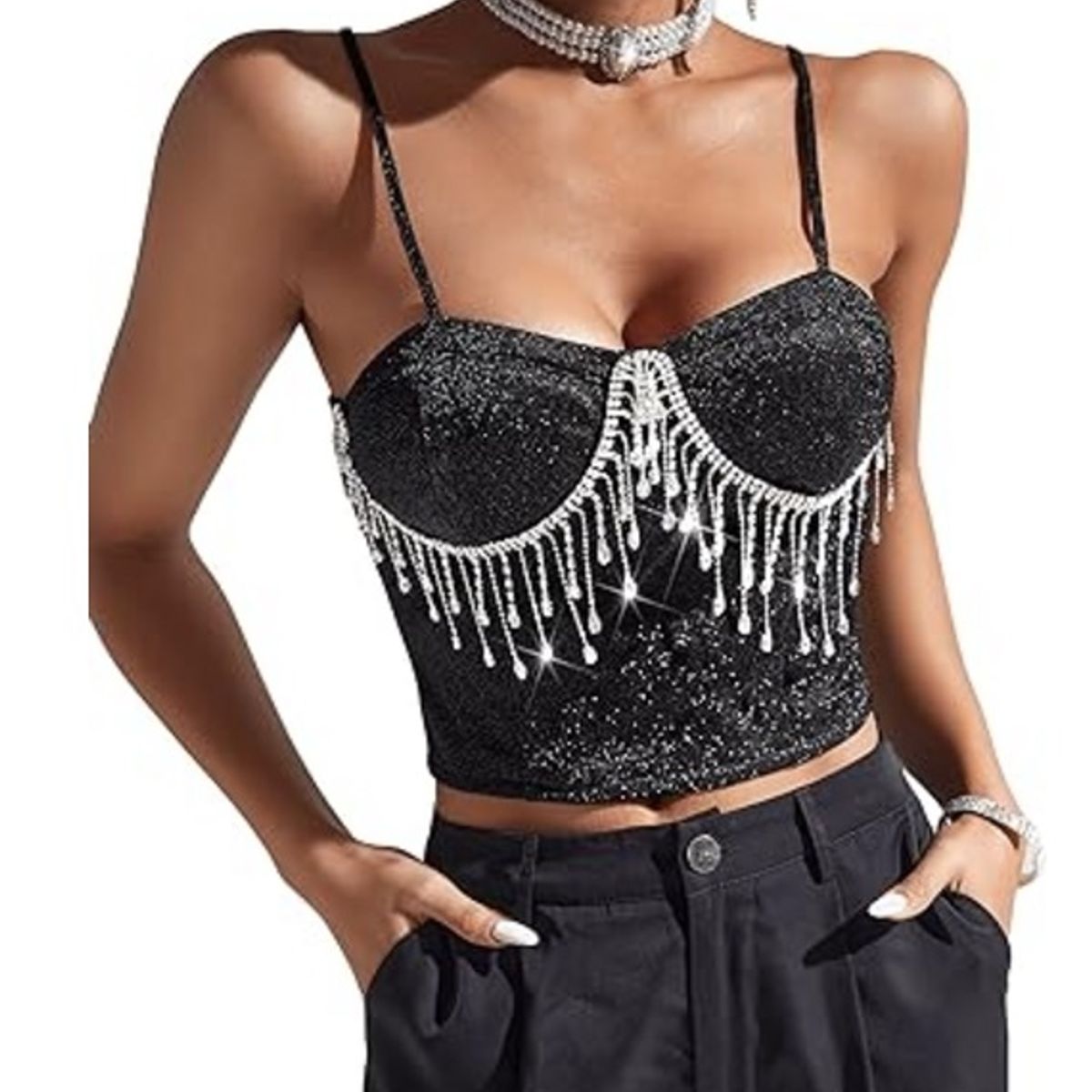 GARSIL - Crop Top Para Mujer Con Tirantes - Brillo Y Cristales En Flecos