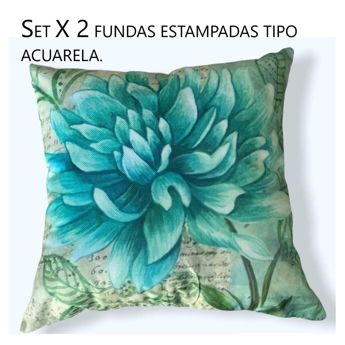 COMPRAPO - Set X 2 Fundas Cojín Estampado Flower Mint Acuarela Vintage 45x45 cm