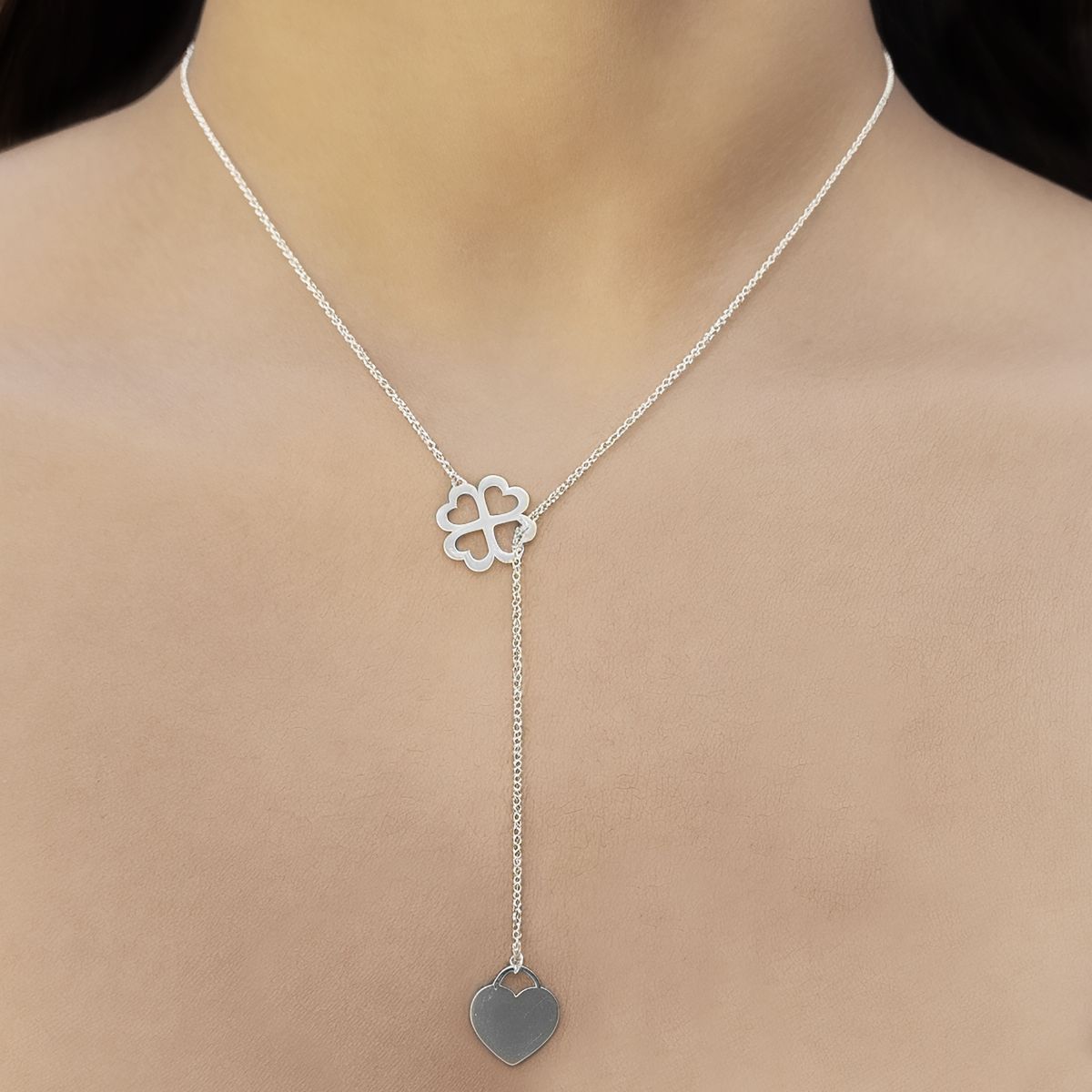 COGGIOLA - Collar Alicia Corazón Trébol Regulable Plata Fina 925