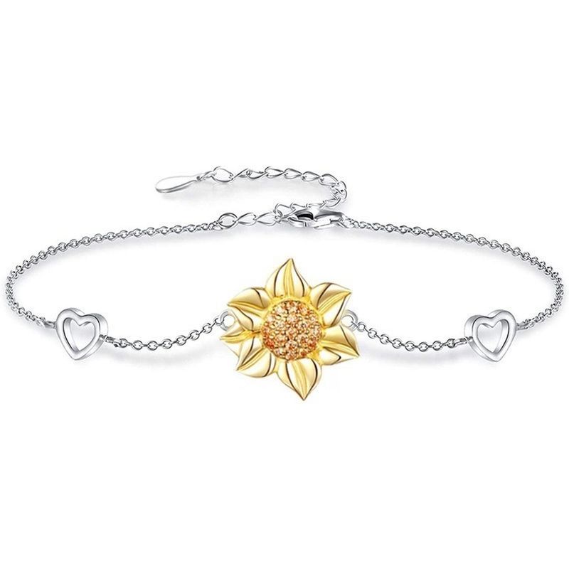 GENERICO - Pulsera Brazalete Plata Fina 925 Flor De Girasol Y Corazones