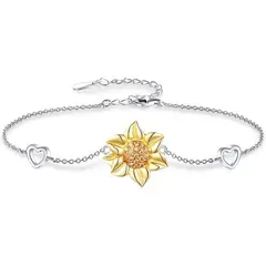 GENERICO - Pulsera Brazalete Plata Fina 925 Flor De Girasol Y Corazones