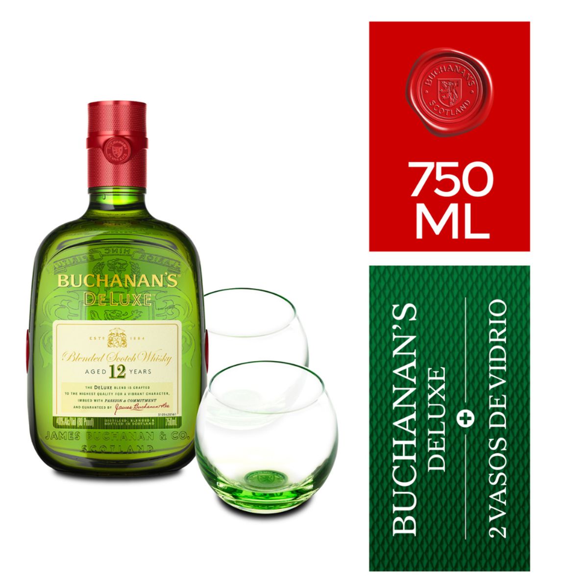 BUCHANANS - Pack Whisky Buchanans 12 Años 750ml + 2 Vasos