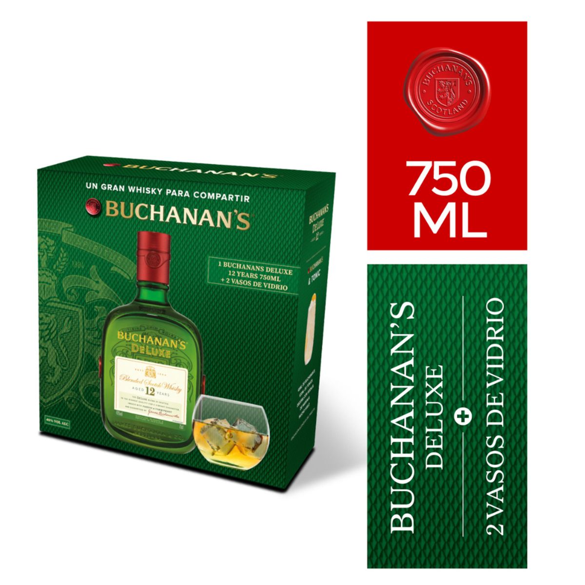 BUCHANANS - Pack Whisky Buchanans 12 Años 750ml + 2 Vasos