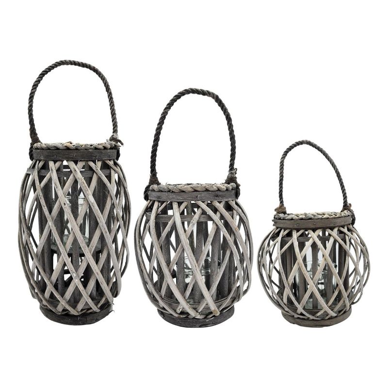 GENERICO - Set 3 Porta Vela Mimbre Rustico Terraza Decoracion Gris