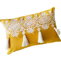 MANDIRHOME - Funda de Cojín Boho Borlas Primavera Chic Mostaza Blanco Rectangular