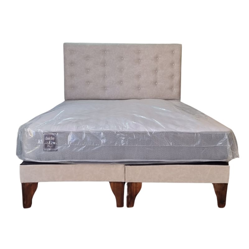 GENERICO - Cama Europea 2 Plazas + Respaldo Beige A Piso + Colchón Resorte