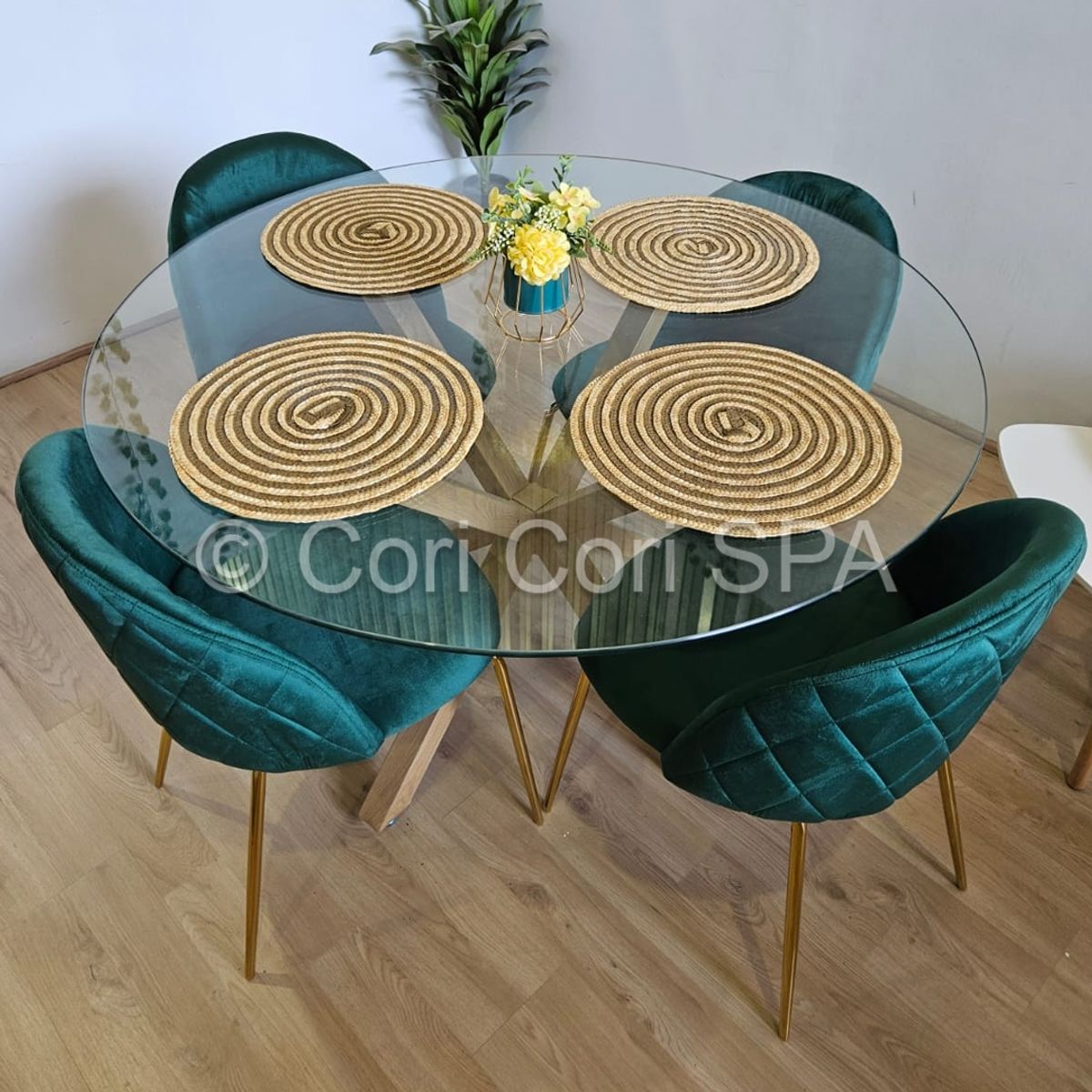 CORI CORI - Juego de Comedor Warwick Mesa De Vidrio 120cm + 4 Bread Gold Verde