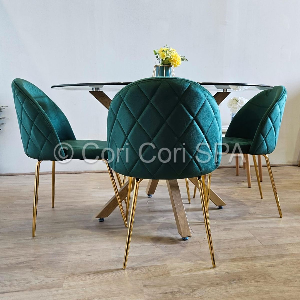 CORI CORI - Juego de Comedor Warwick Mesa De Vidrio 120cm + 4 Bread Gold Verde