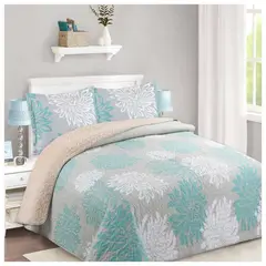 COMPRAPO - Cubrecama Quilt Sherpa 2 Pzas. Mod. Hojas Turquesas Fundas 50x70 Cm