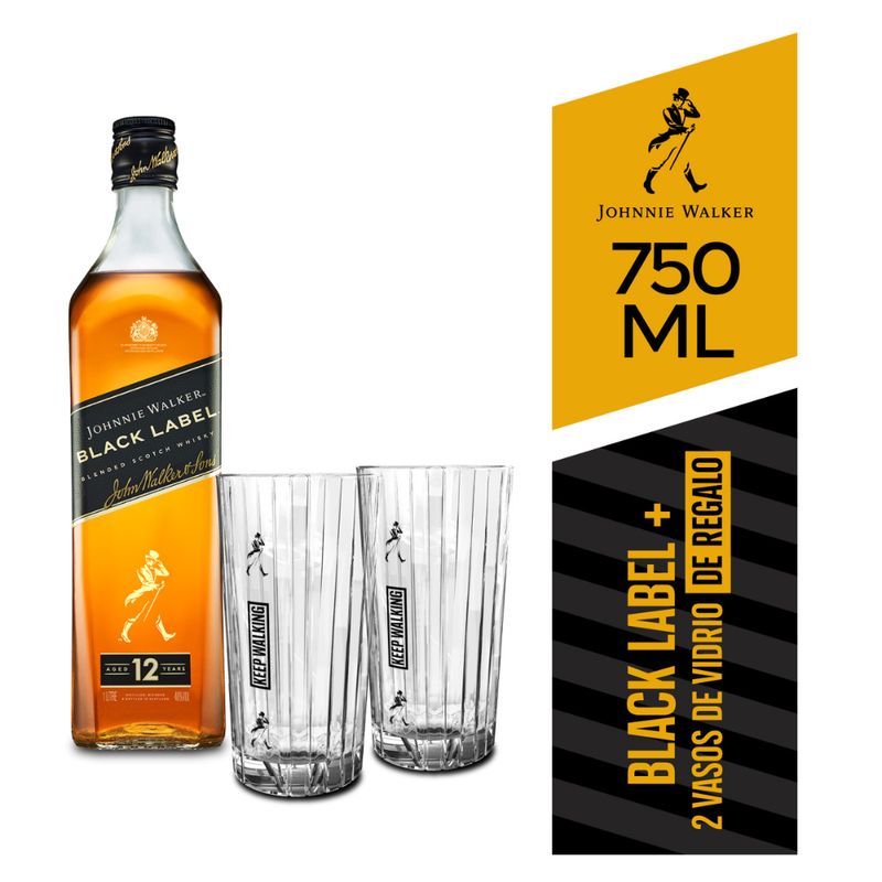JOHNNIE WALKER - Pack Whisky Johnnie Walker Black Label 750ml + 2 Vasos