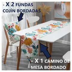 COMPRAPO - Juego Camino Mesa Bordado + 2 Fundas Flor Turquesa Mostaza 33 x 180 Cm