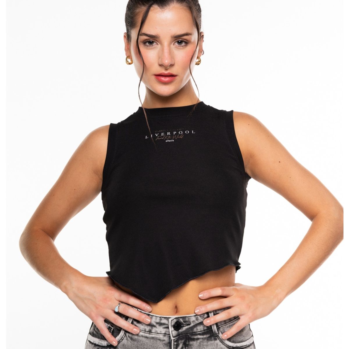 EFESIS - Polera Vannia Regular Escote Bote y Recogido en Costados Negro Efesis