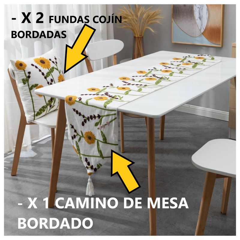 COMPRAPO - Juego Camino Mesa Bordado + 2 Fundas Girasoles 33 x 180 Cm