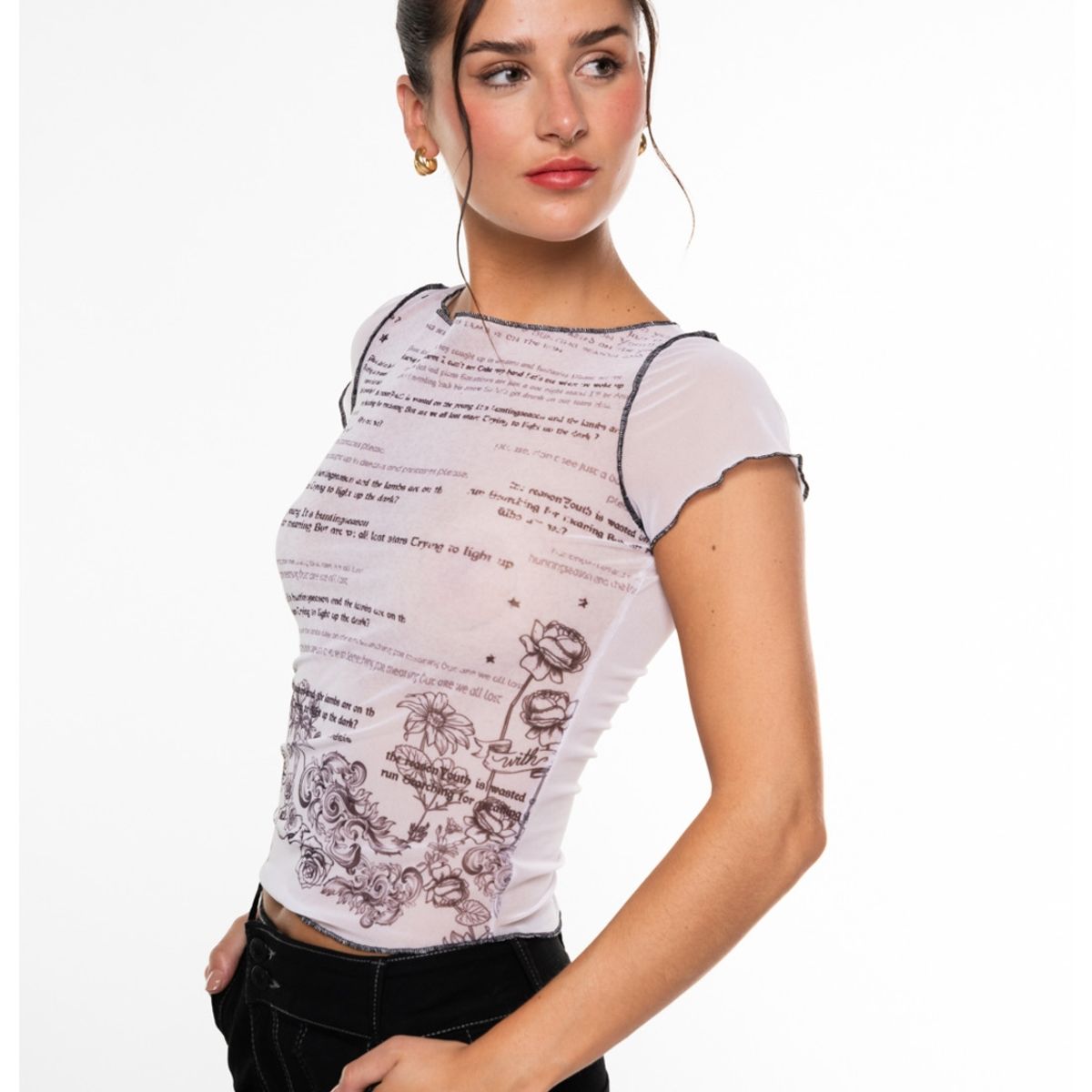 EFESIS - Polera Kaia Crop Malla Estampada Blanco Efesis