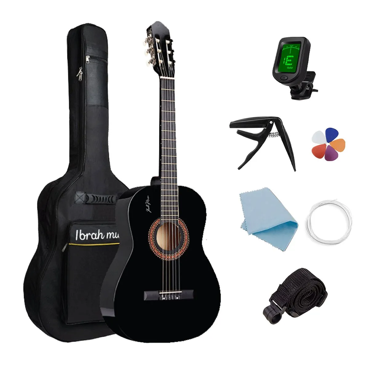 IBRAH - Guitarra Acústica Clásica Ibrah 39 Pulgadas Funda+Accesorios