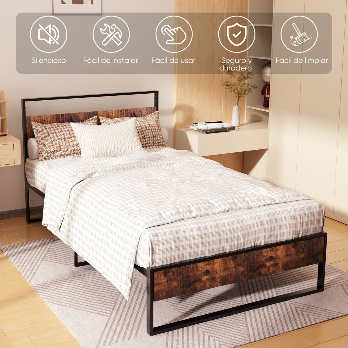 HALMAN - Base De Cama Con Respaldo 1 Plaza 205x102x34cm Color Negro