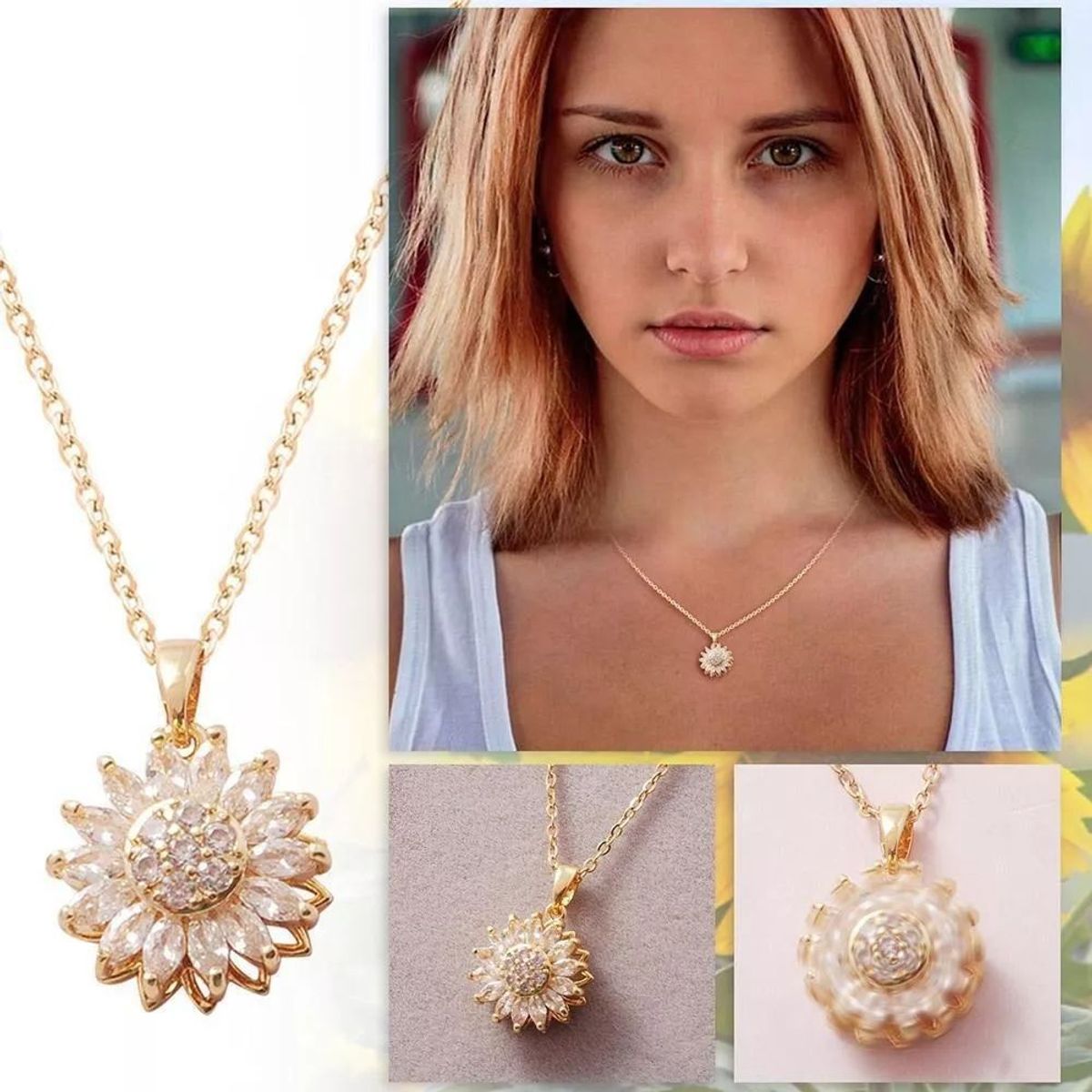 KUANGYE - Collar Girasol Giratorio Con Zircones Acero Inoxidable