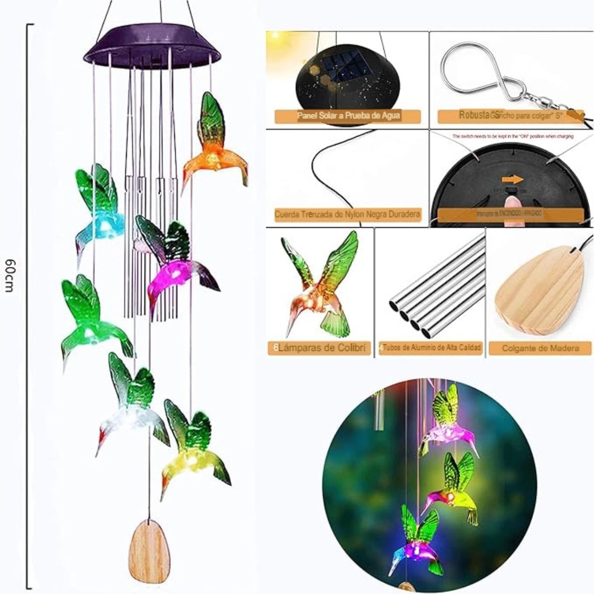 GENERICO - Campanillas de Viento tradicional de colibrí con Luces LED