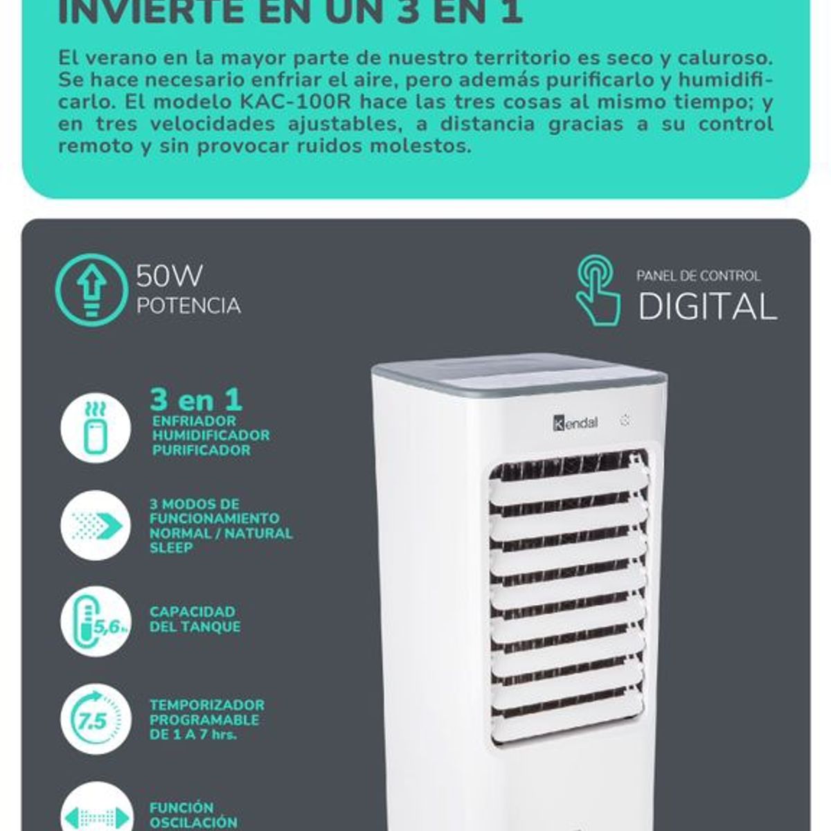 KENDAL - ENFRIADOR DE AIRE 5.6 LITROS KENDAL KAC-100 COLOR BLANCO