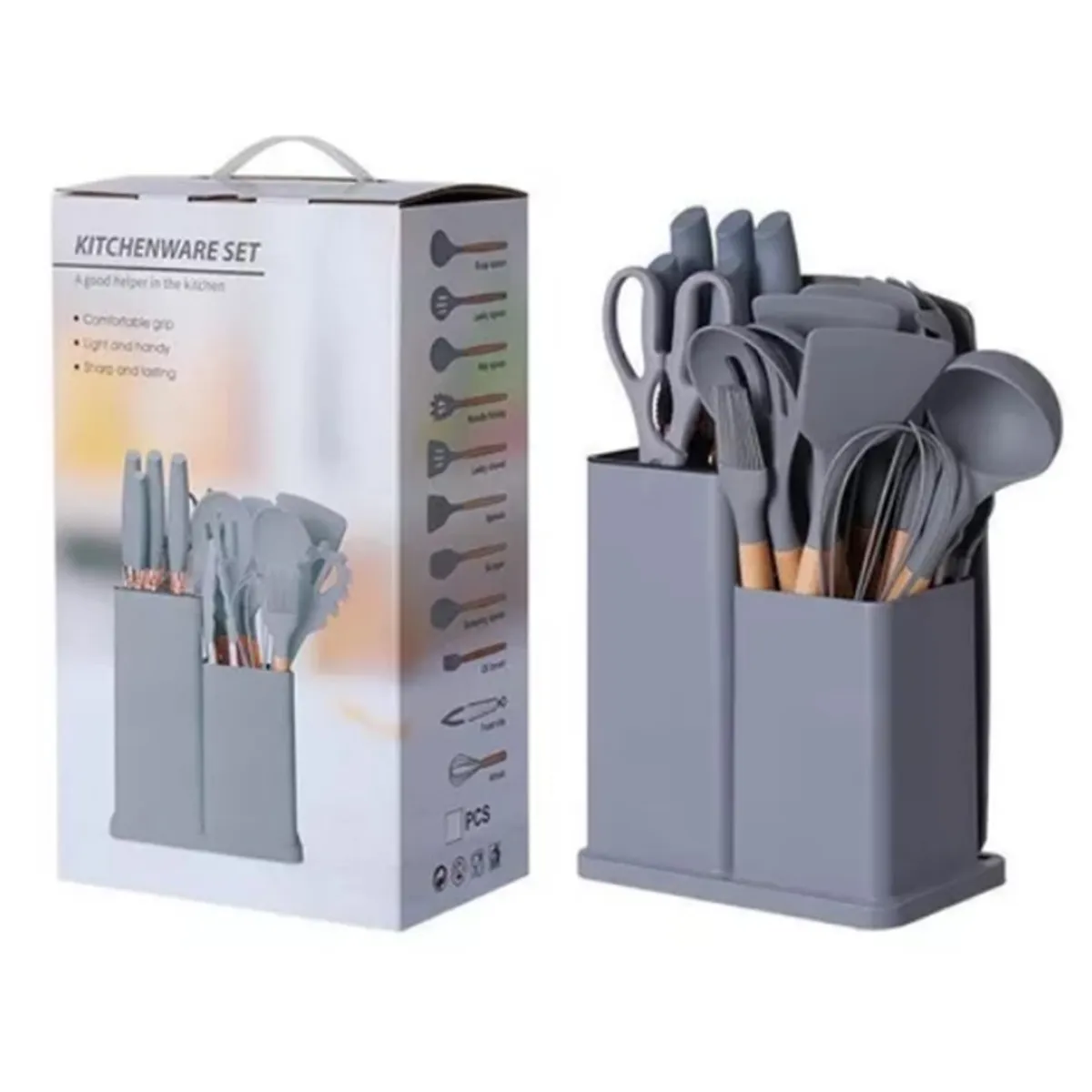 WAKESHOME - Juego de Utensilios de Cocina de 19 piezas con Base y Tabla de Cortar