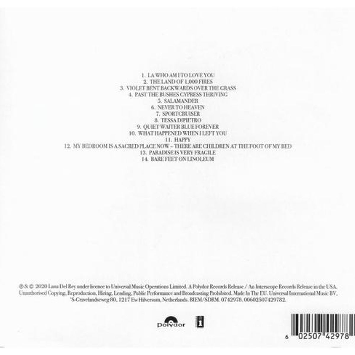 HITWAY MUSIC - LANA DEL REY - VIOLET BENT BACKWARDS OVER THE GRASS - CD