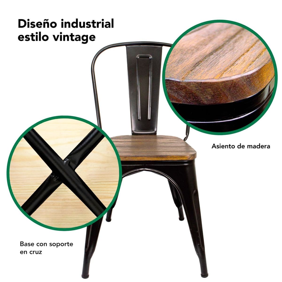 DONNA - Set de 4 Sillas Tolix Asiento de Madera Empoli Negra