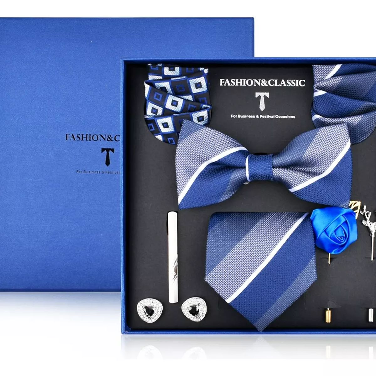 KOKILA - Set CorbataPañueloCorbatínGemelosClip Hombre Caja Regalo