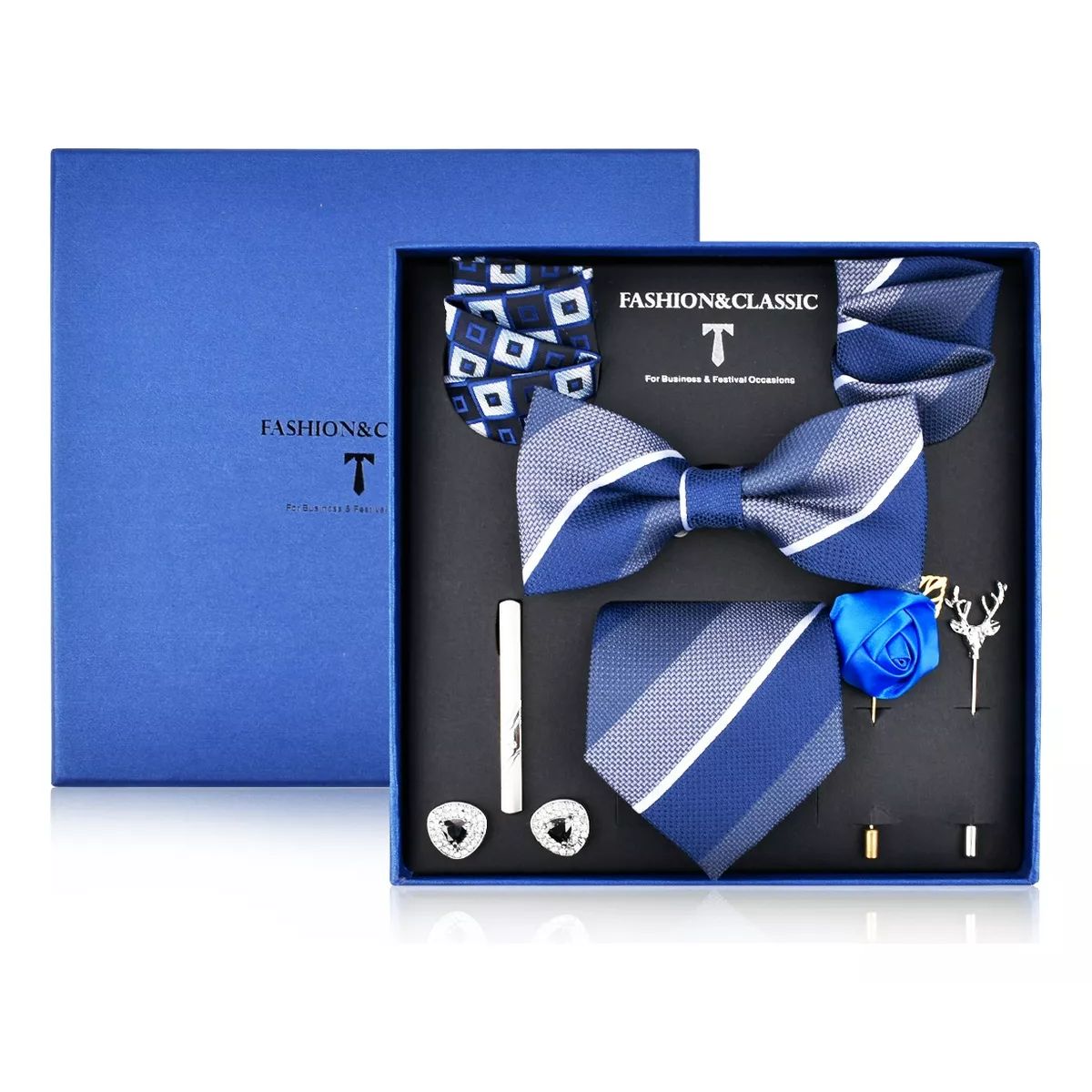 KOKILA - Set CorbataPañueloCorbatínGemelosClip Hombre Caja Regalo