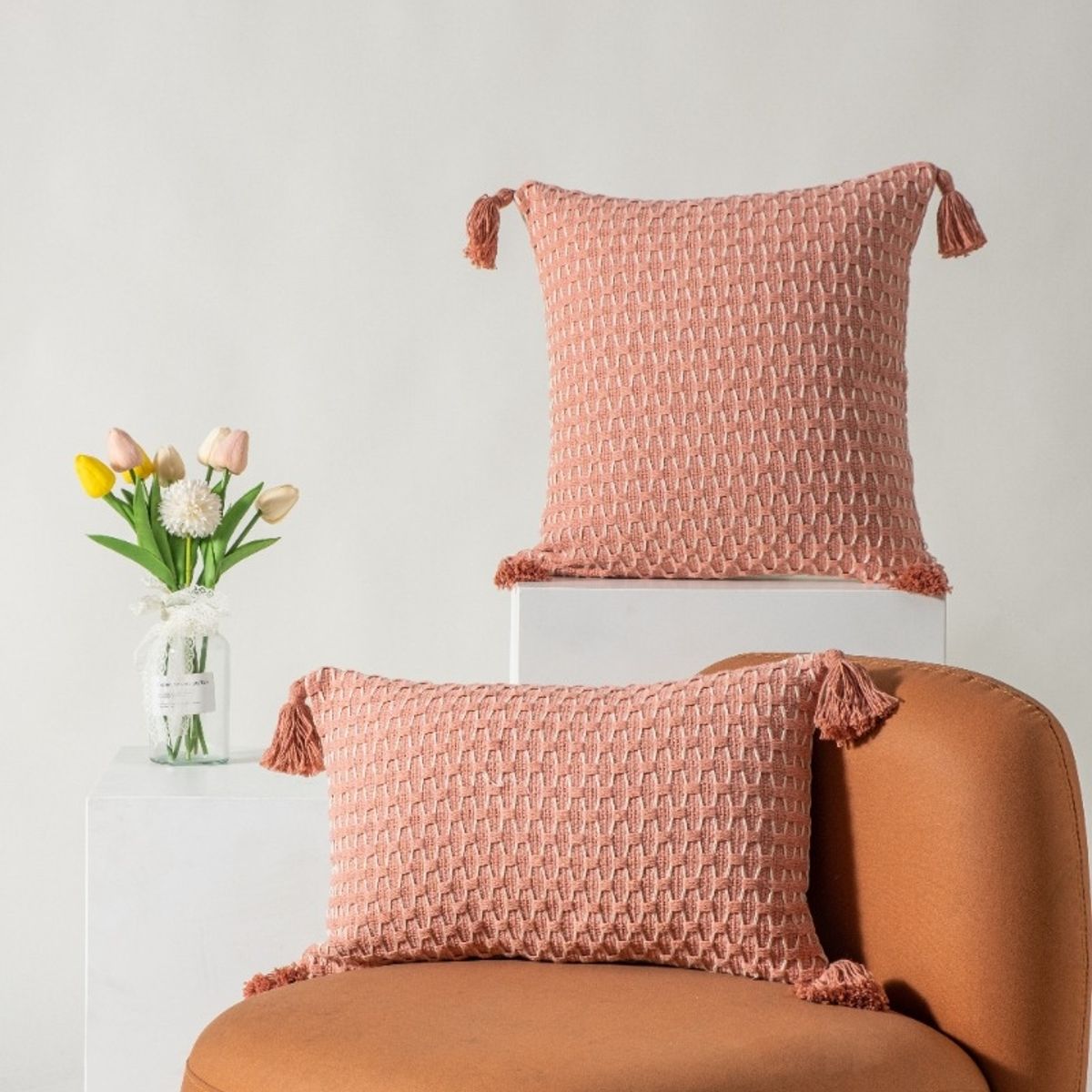GENERICO - Funda Rectangular De Cojin Estilo Croche Con Borla Rosa