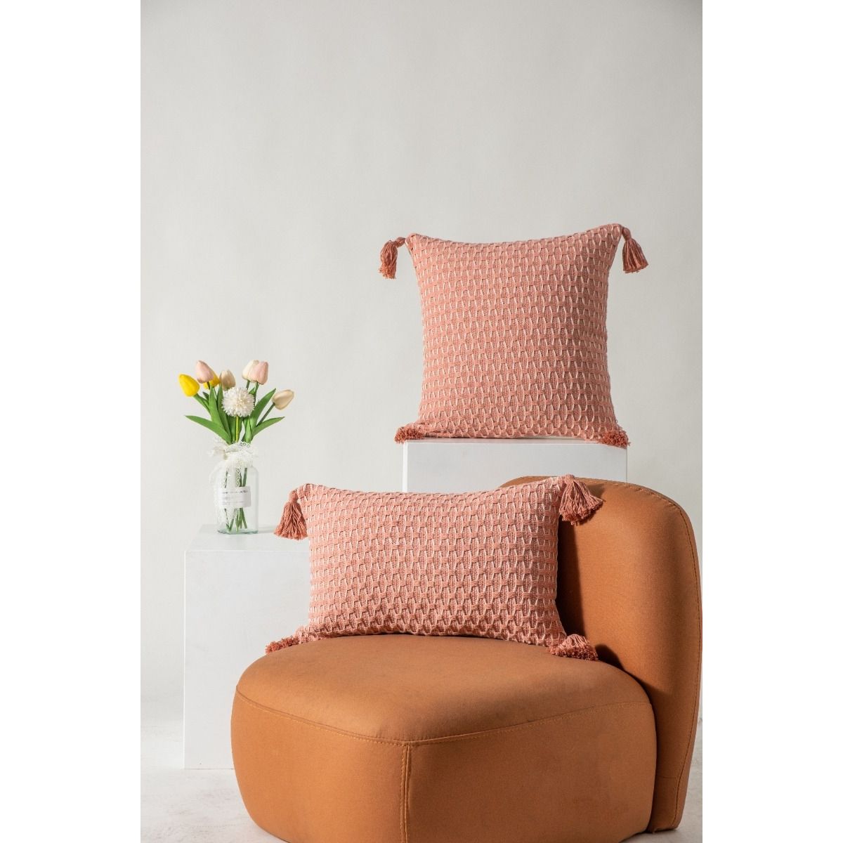 GENERICO - Funda Decorativa De Cojin Estilo Croche Con Borla Rosa