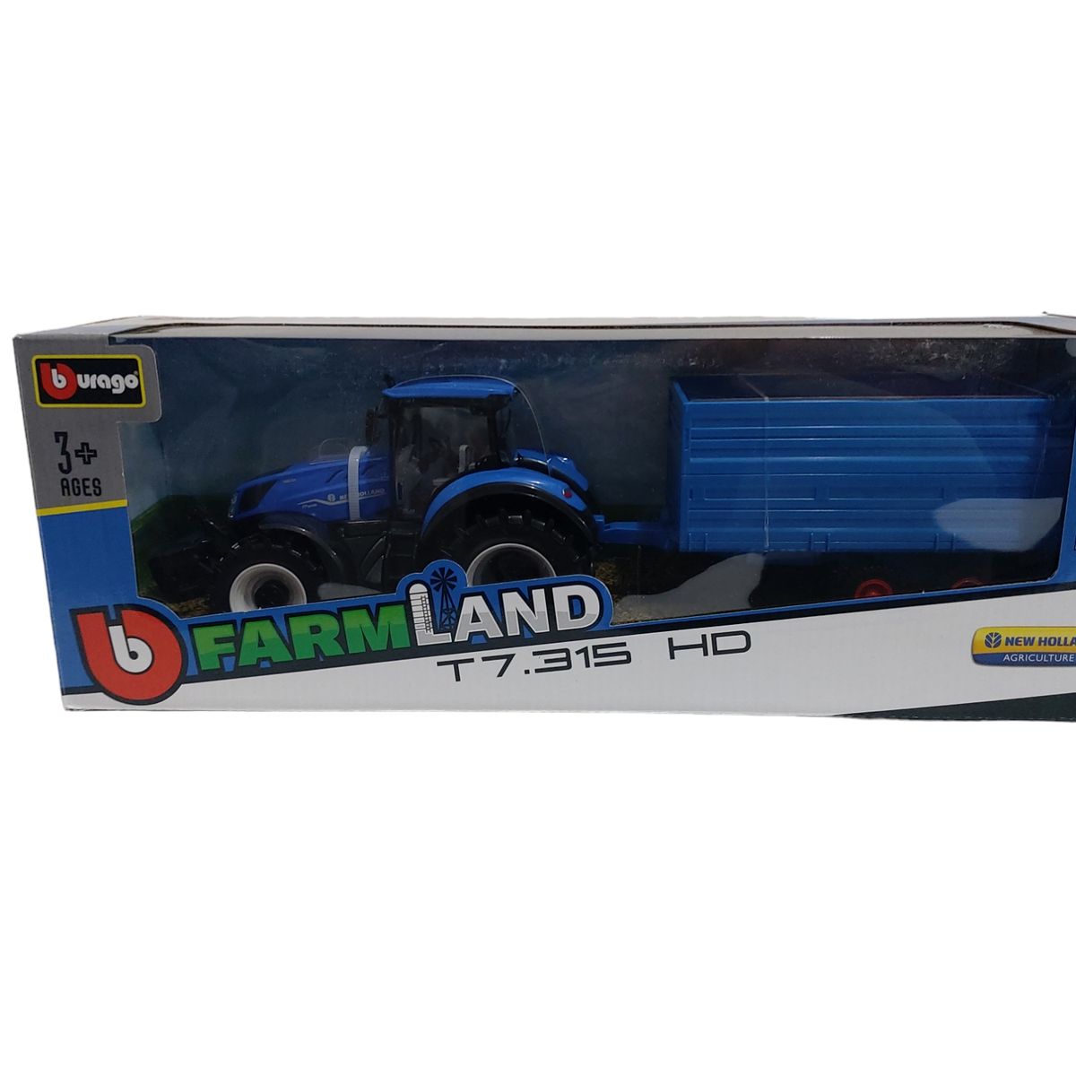 BBURAGO - Tractor a escala 1.32 azul New Holland con Coloso