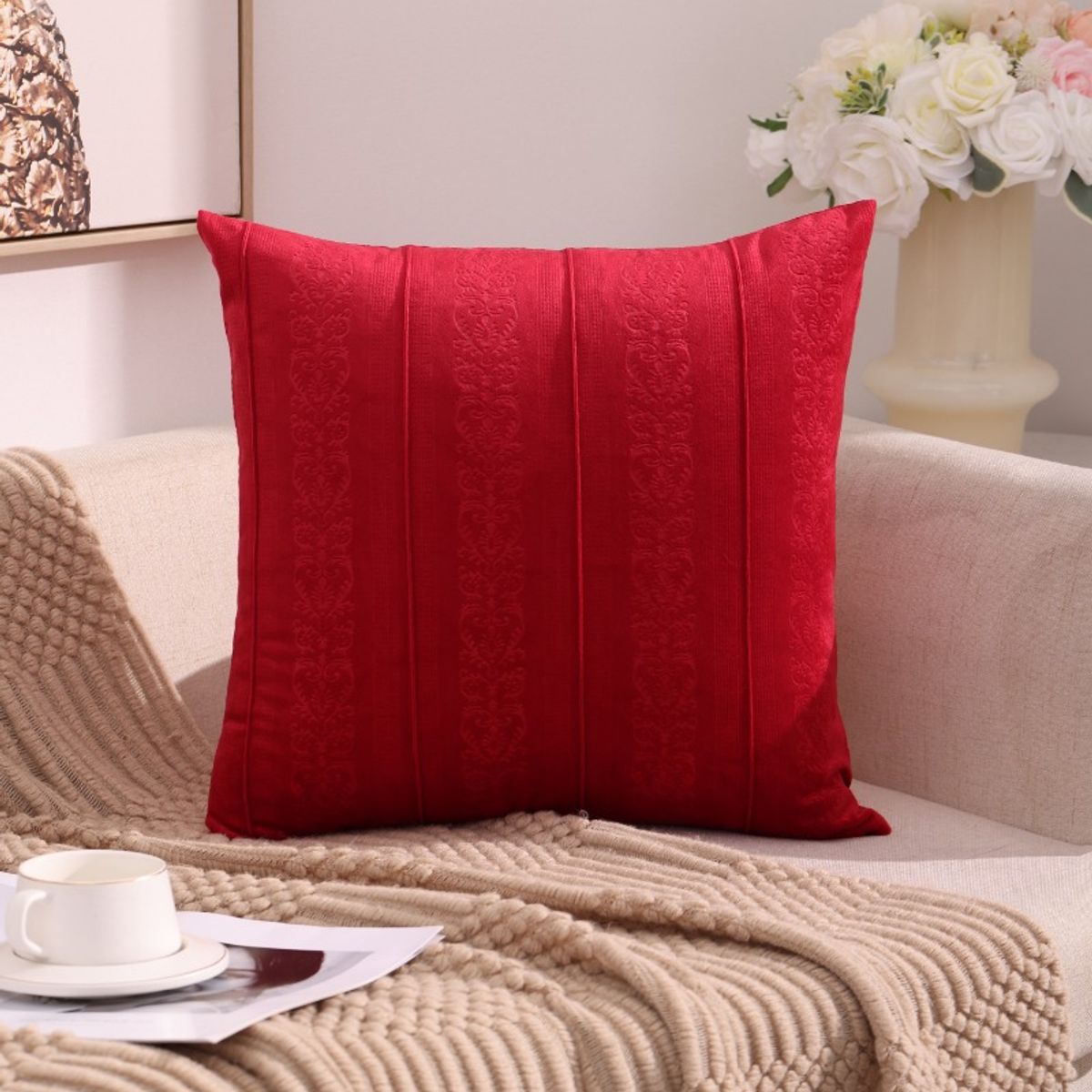 GENERICO - Funda De Cojin Decorativa Modelo Terciopelo Lineas Burdeo