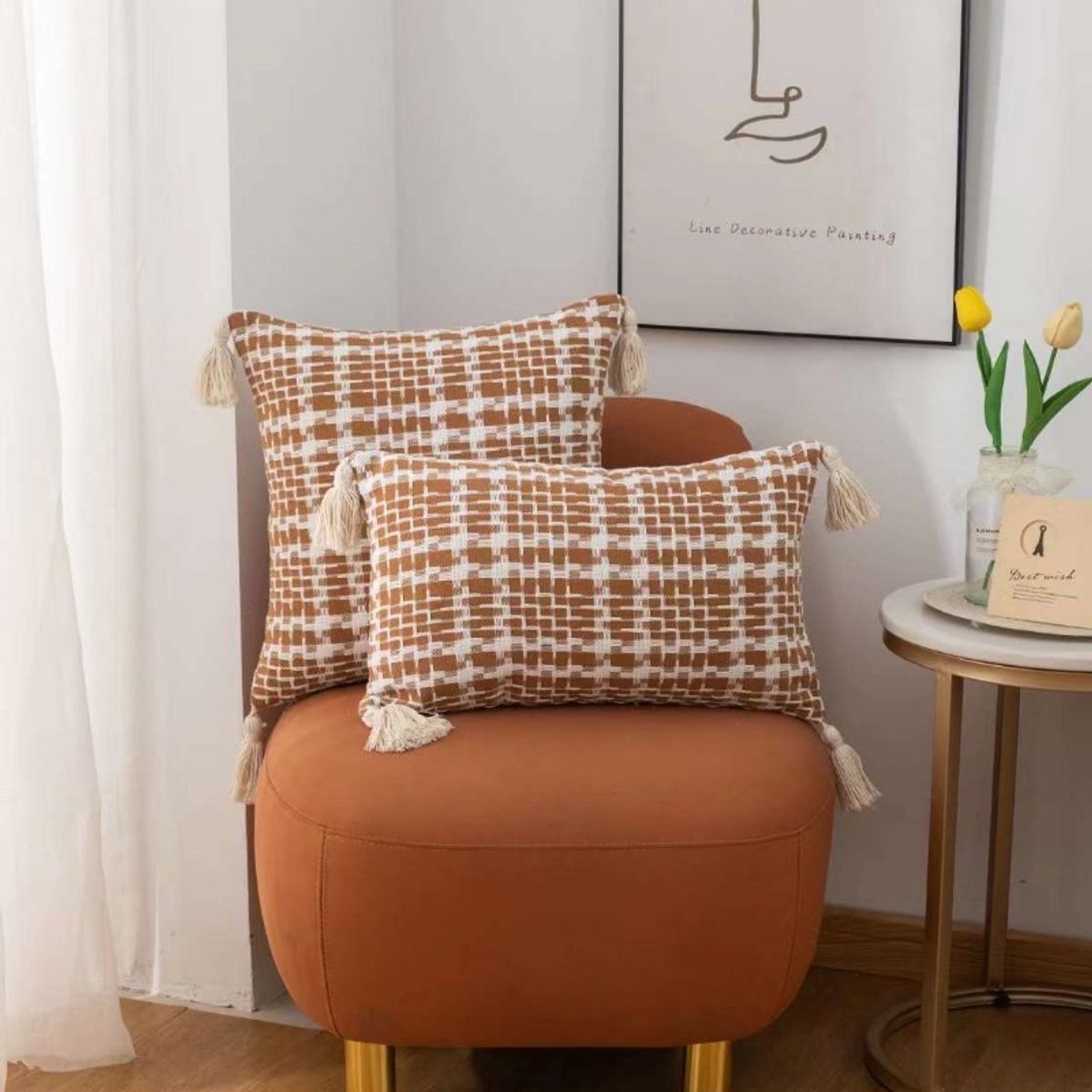 GENERICO - Funda De Cojin Rectangular Con Detalles Tejidos Croche Cafe