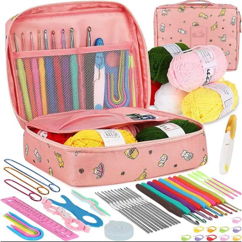 GENERICO - Set Crochet 58 Pcs Premium Con Lana  Accesorios Rosa