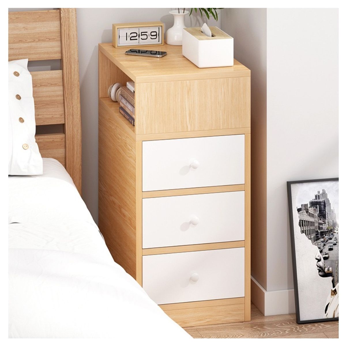 HOMER DESIGN - Velador Angosto Con Cajones Bicolor Homer Design 30x30x66cm