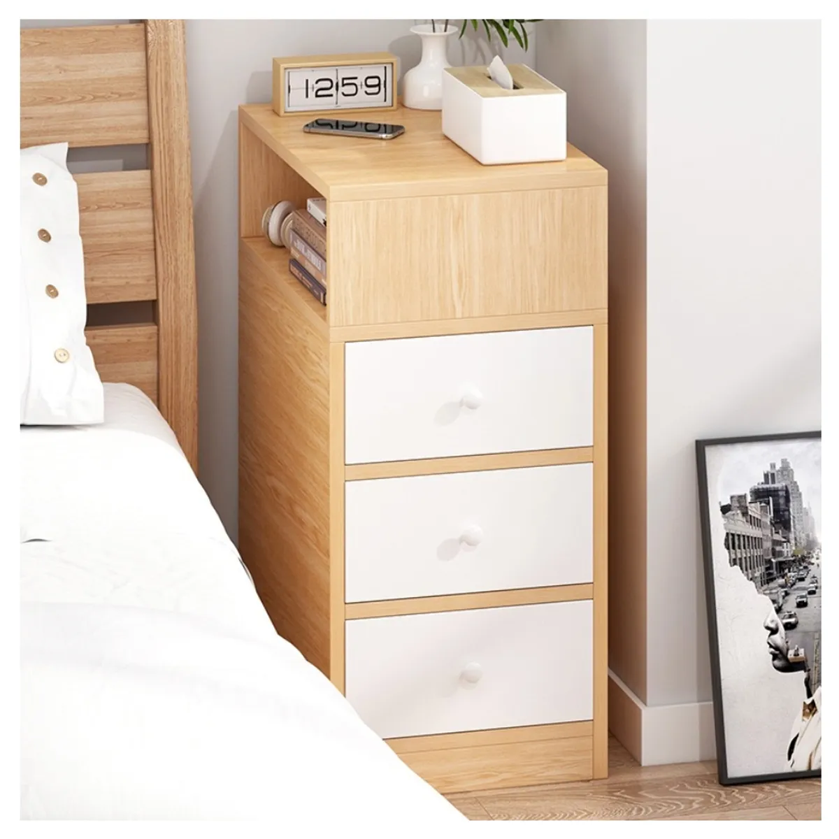 HOMER DESIGN - Velador Angosto Con Cajones Bicolor Homer Design 30x30x66cm