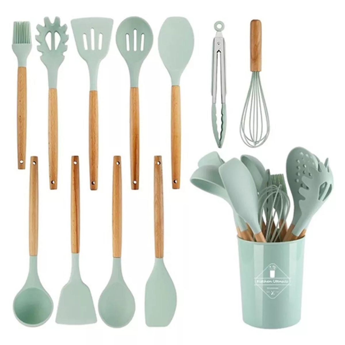 GENERICO - Set 12 Utensilios Cocina Mango Silicona Y Madera Repostería verde