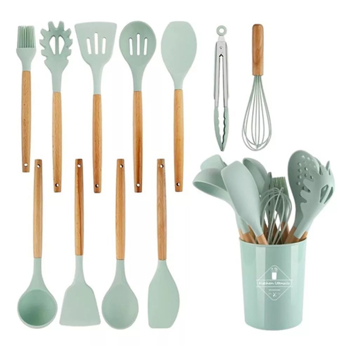 GENERICO - Set 12 Utensilios Cocina Mango Silicona Y Madera Repostería verde