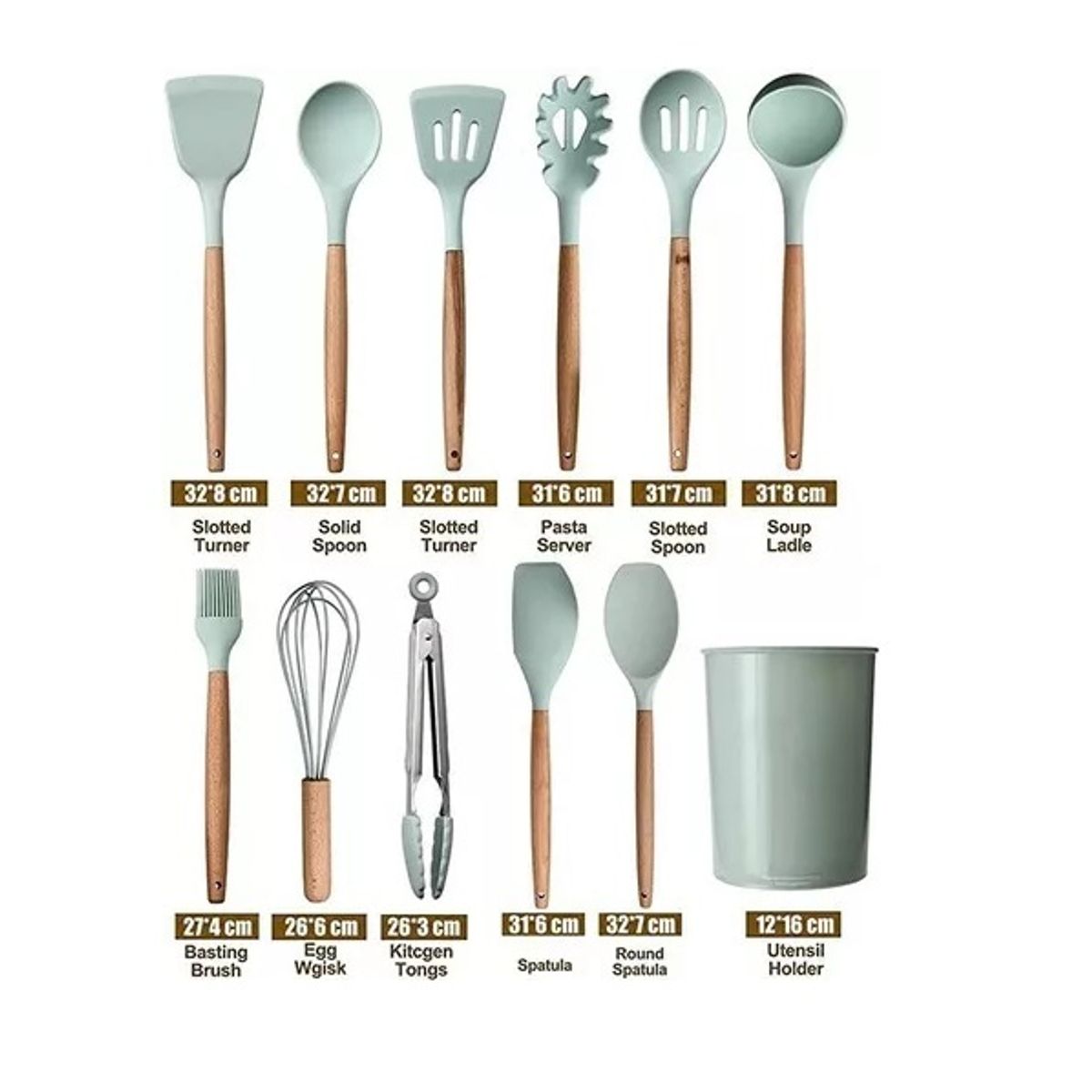 GENERICO - Set 12 Utensilios Cocina Mango Silicona Y Madera Repostería verde
