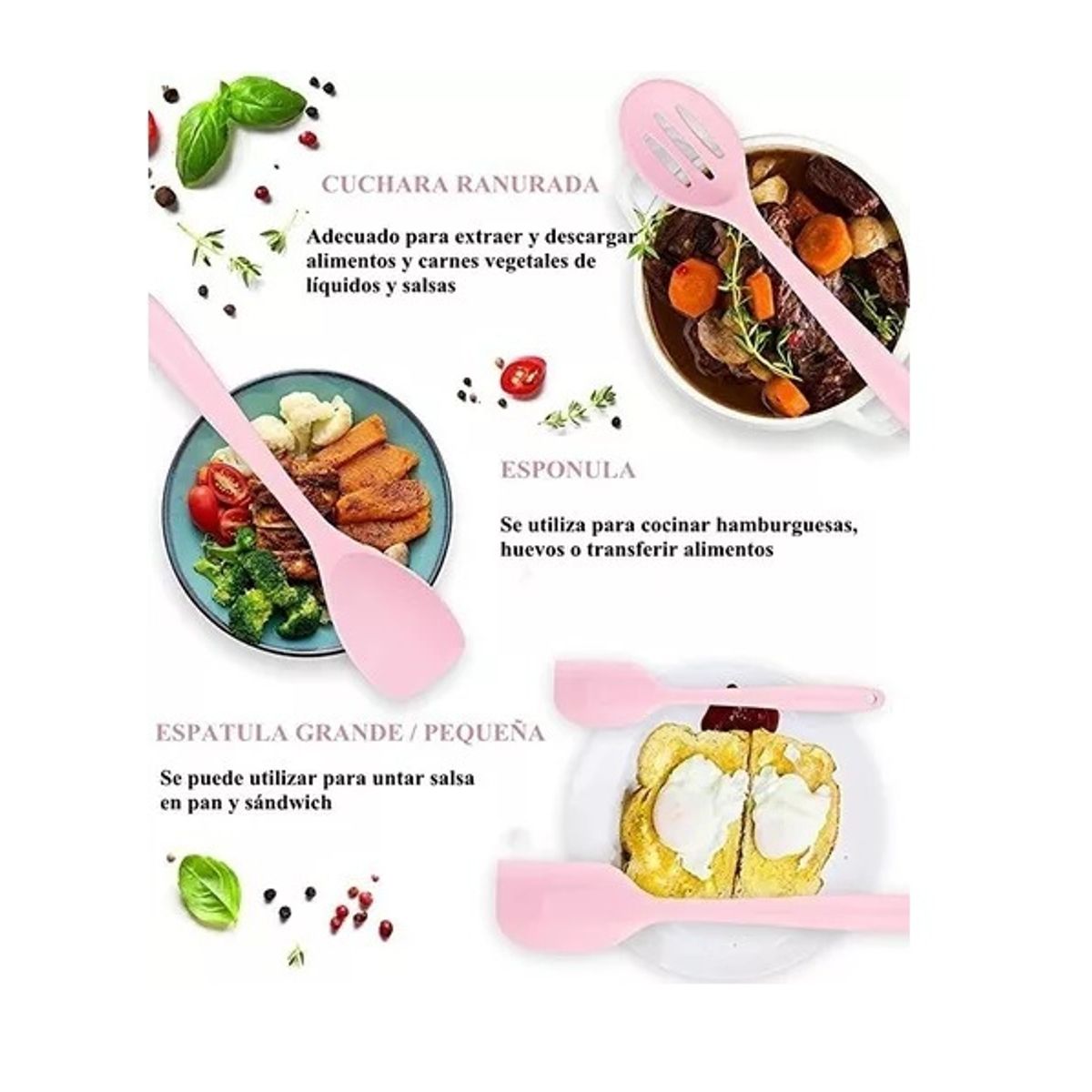 GENERICO - Set 12 Utensilios Cocina Mango Silicona Y Madera Repostería rosa