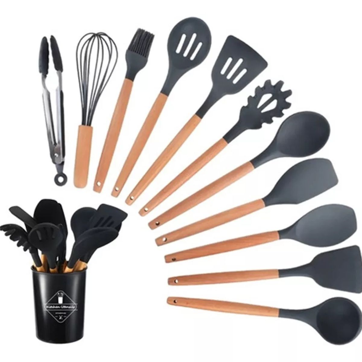 GENERICO - Set 12 Utensilios Cocina Mango Silicona Y Madera Repostería negro
