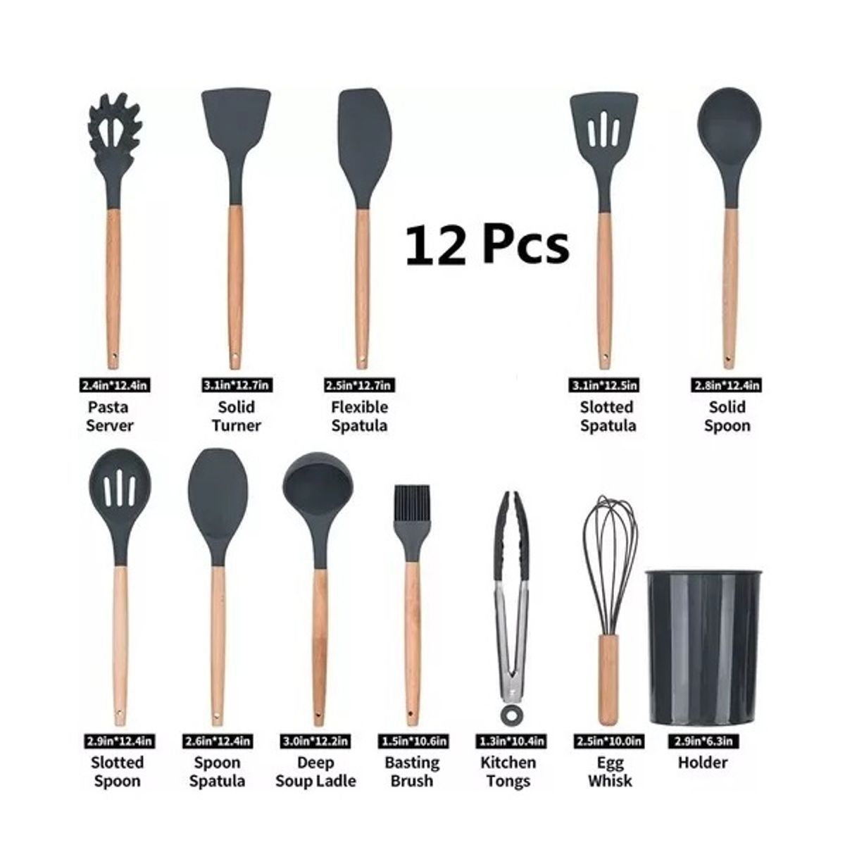 GENERICO - Set 12 Utensilios Cocina Mango Silicona Y Madera Repostería negro
