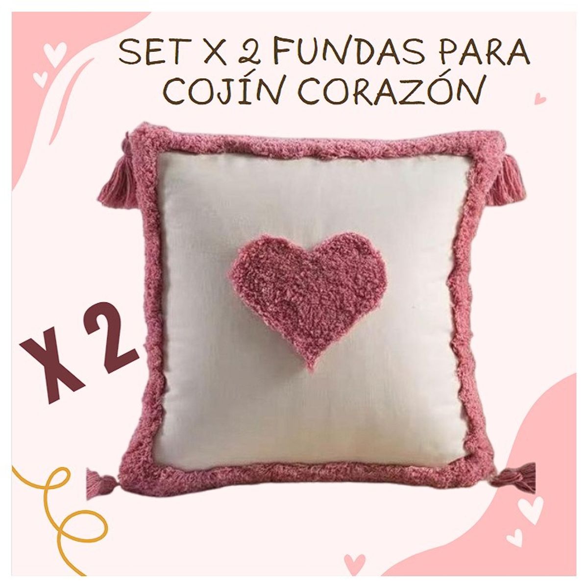 COMPRAPO - Set X 2 Fundas Cojín Boho Corazón de Amor Crudo Palo Rosa 45x45 cm