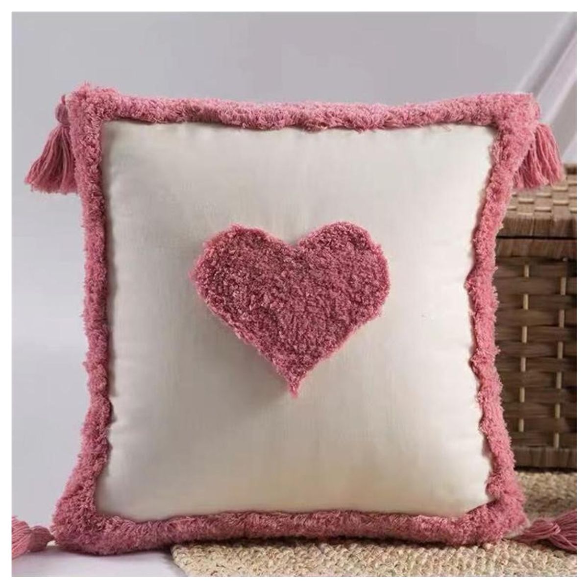 COMPRAPO - Set X 2 Fundas Cojín Boho Corazón de Amor Crudo Palo Rosa 45x45 cm