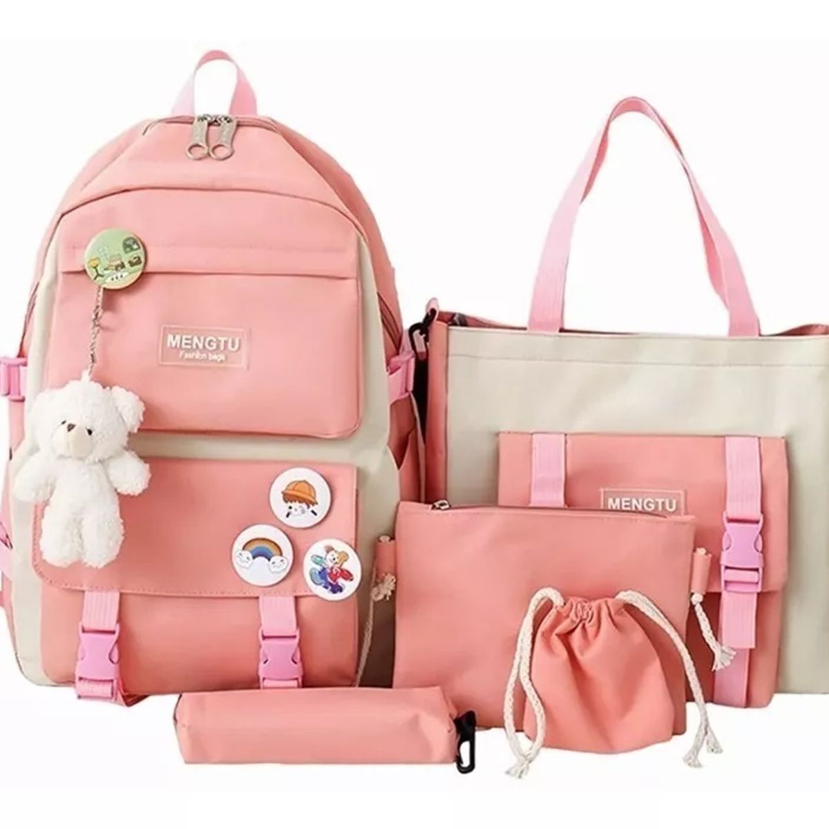 GENERICO - Mochila Escolar Viaje Estilo Coreano 5 Piezas Kit rosa