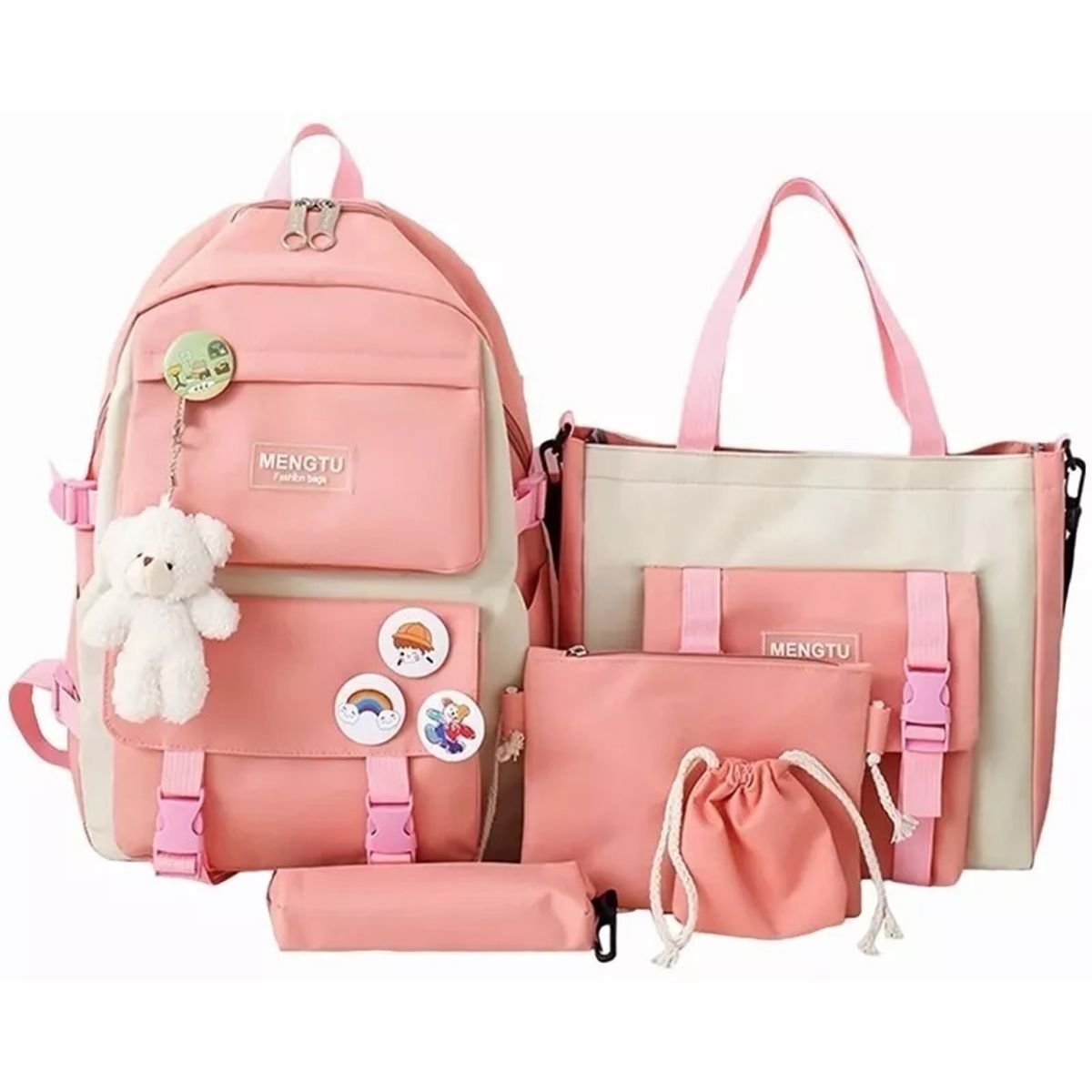 GENERICO - Mochila Escolar Viaje Estilo Coreano 5 Piezas Kit rosa