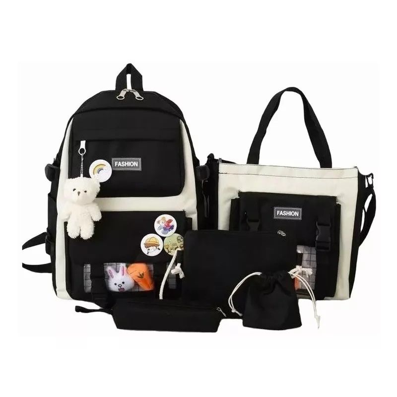 GENERICO - Mochila Escolar Viaje Estilo Coreano 5 Piezas Kit negro